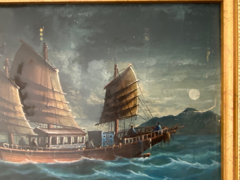 Pair of Chinese 19th Century Paintings of Junks in the Moonlight View IV