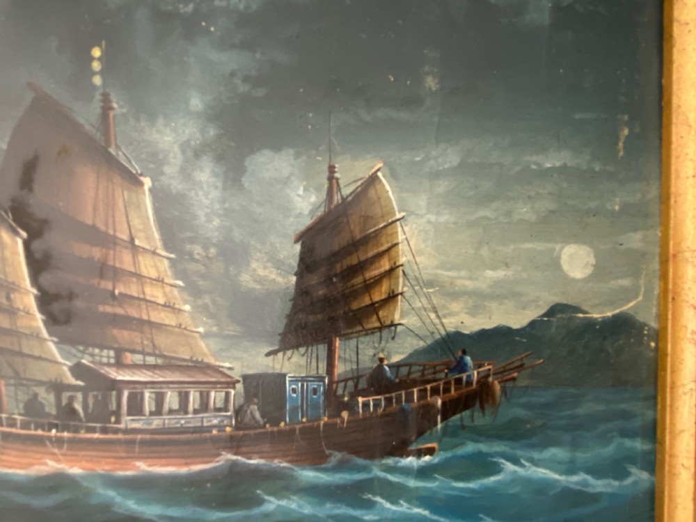 Pair of Chinese 19th Century Paintings of Junks in the Moonlight View V