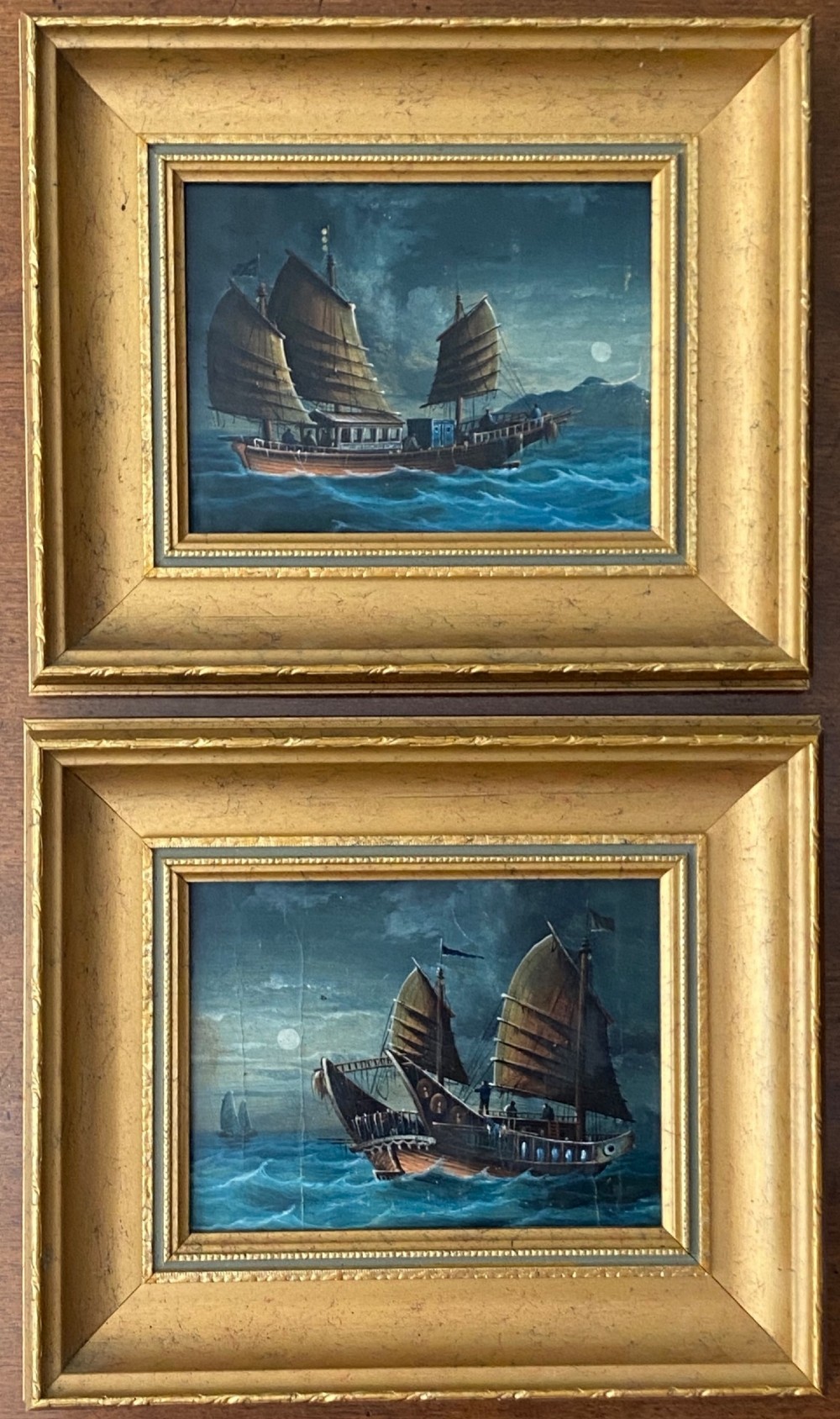 Pair of Chinese 19th Century Paintings of Junks in the Moonlight