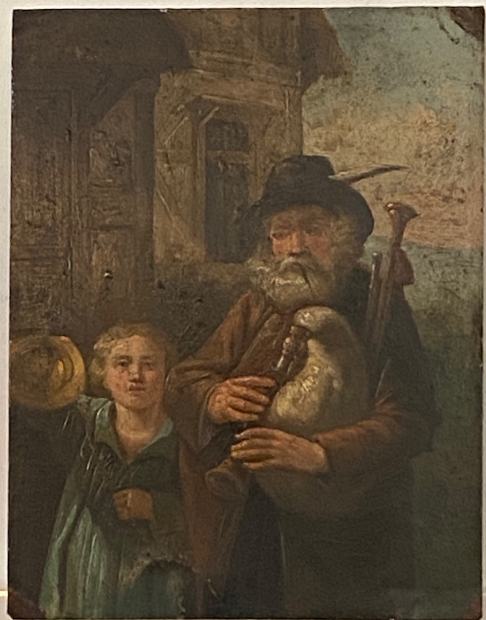 Oil on Tin of Bagpiper with Child, Circa 1820