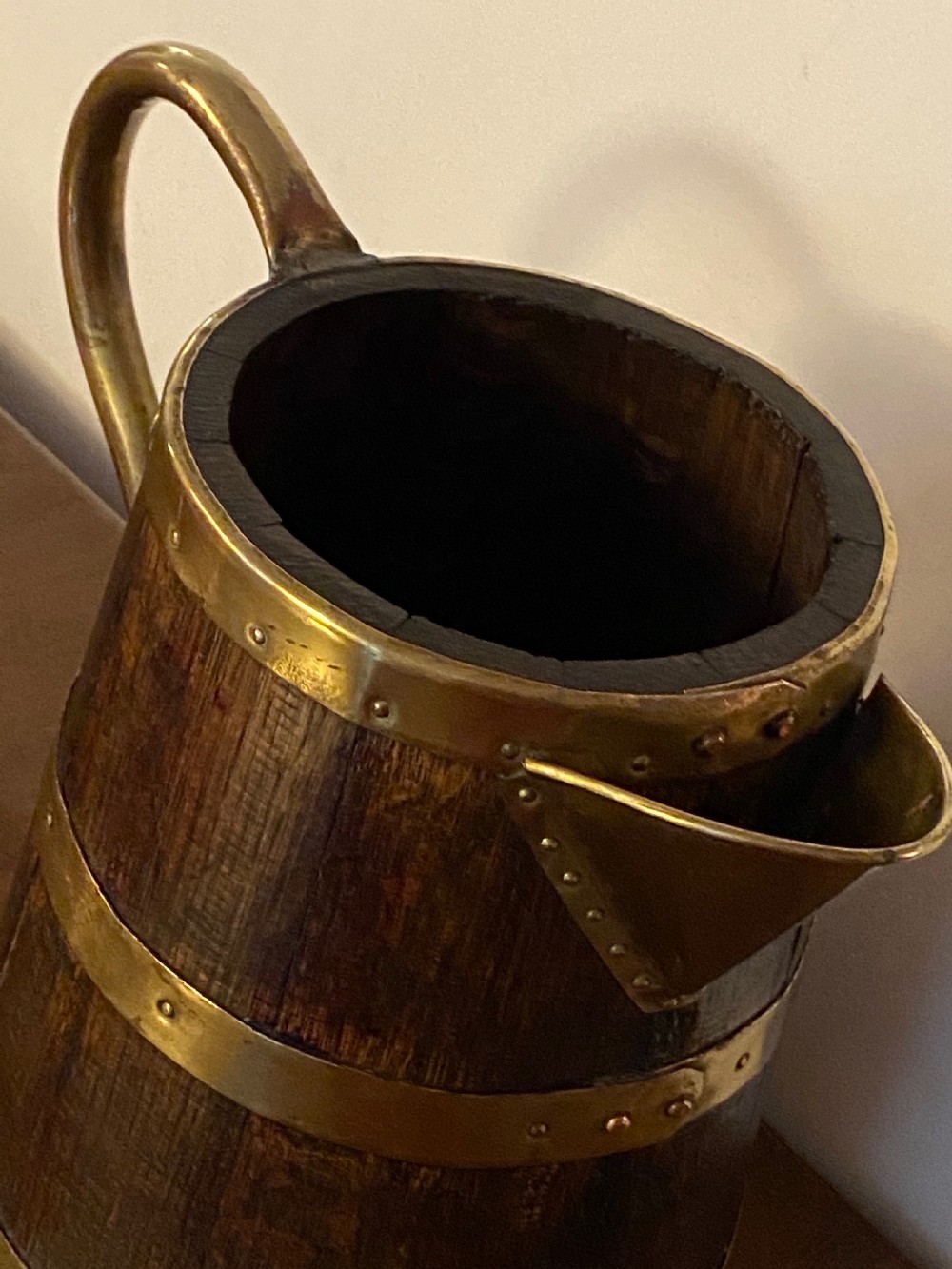 Coopered Oak Pitcher with Brass Banding  View IV