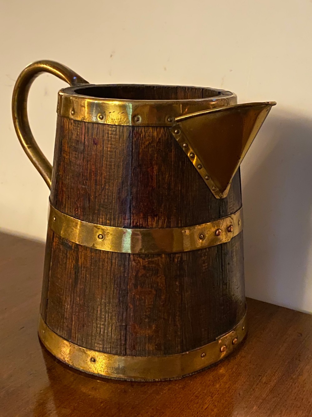Coopered Oak Pitcher with Brass Banding  View V