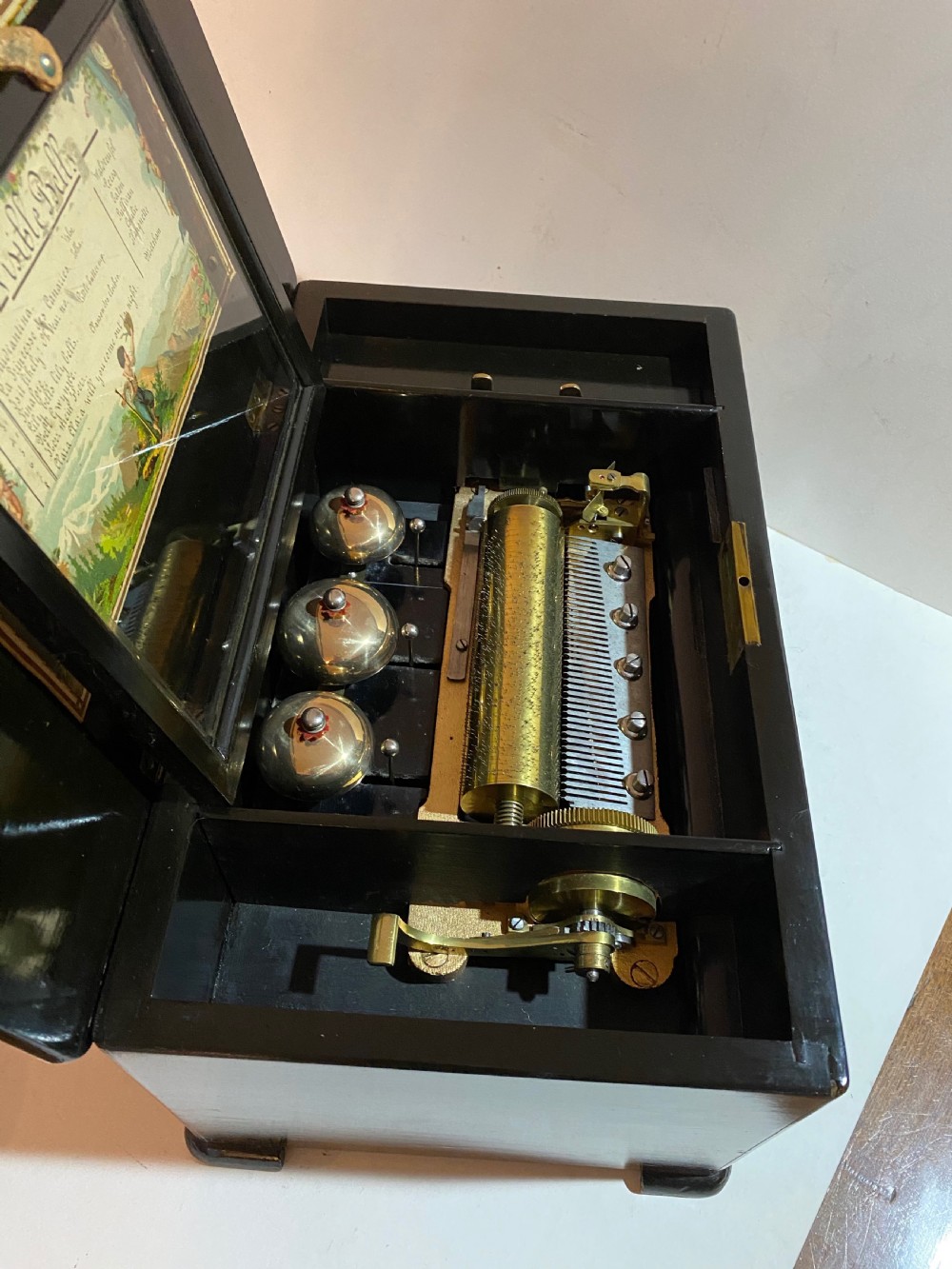 Swiss Three Bell Music Box Playing 8 Airs View VIII