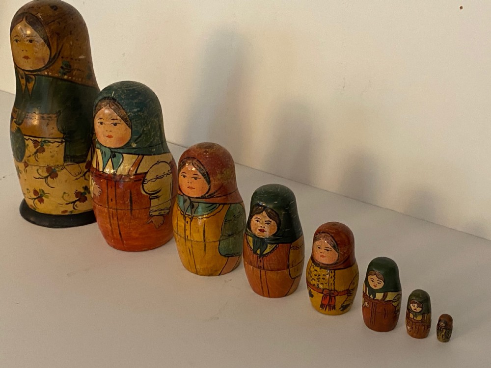 Antique set of Russian Wooden Babushka Dolls View IV