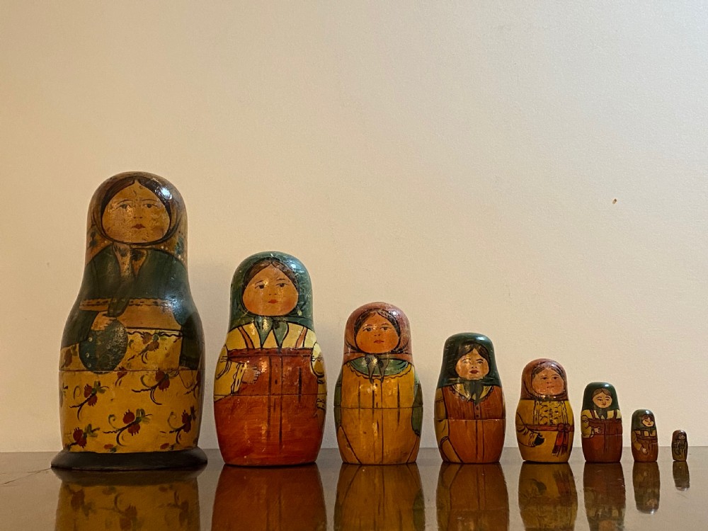 Antique set of Russian Wooden Babushka Dolls View XII