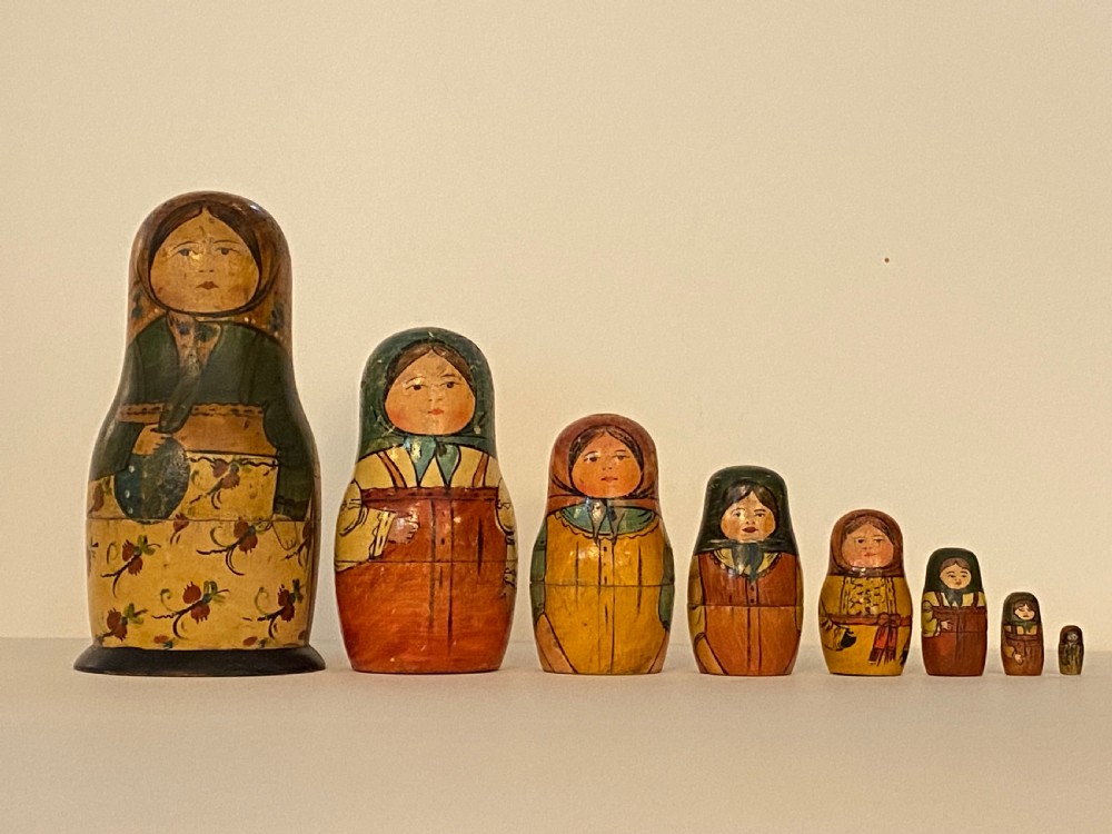 Antique set of Russian Wooden Babushka Dolls View XVI