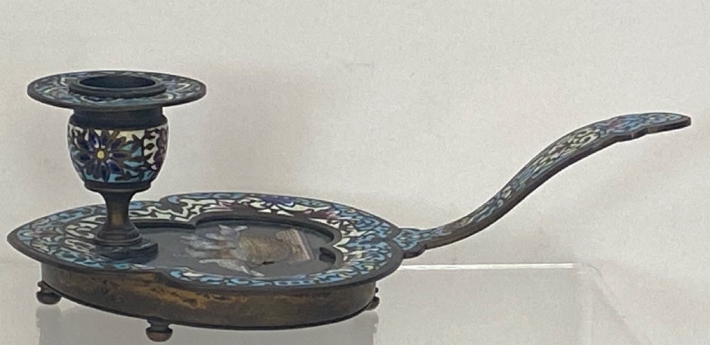An antique metal chamberstick decorated with turquoise cloisonne enamel scrollwork surrounding a central micromosaic panel of birds drinking from a bowl. View XI