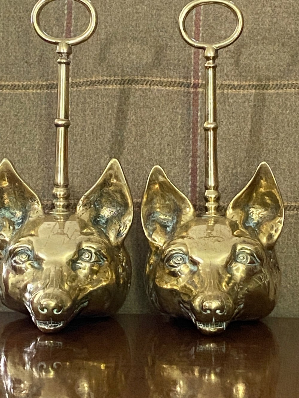 Pair Brass Fox Mask Doorstops View II