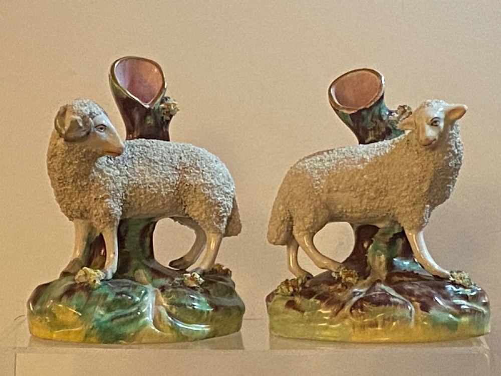 Pair of Staffordshire Sheep Posy Vases