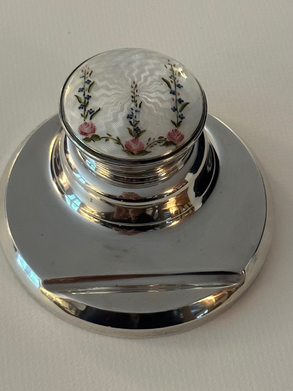 Antique Silver and Guilloche Enamel Inkwell