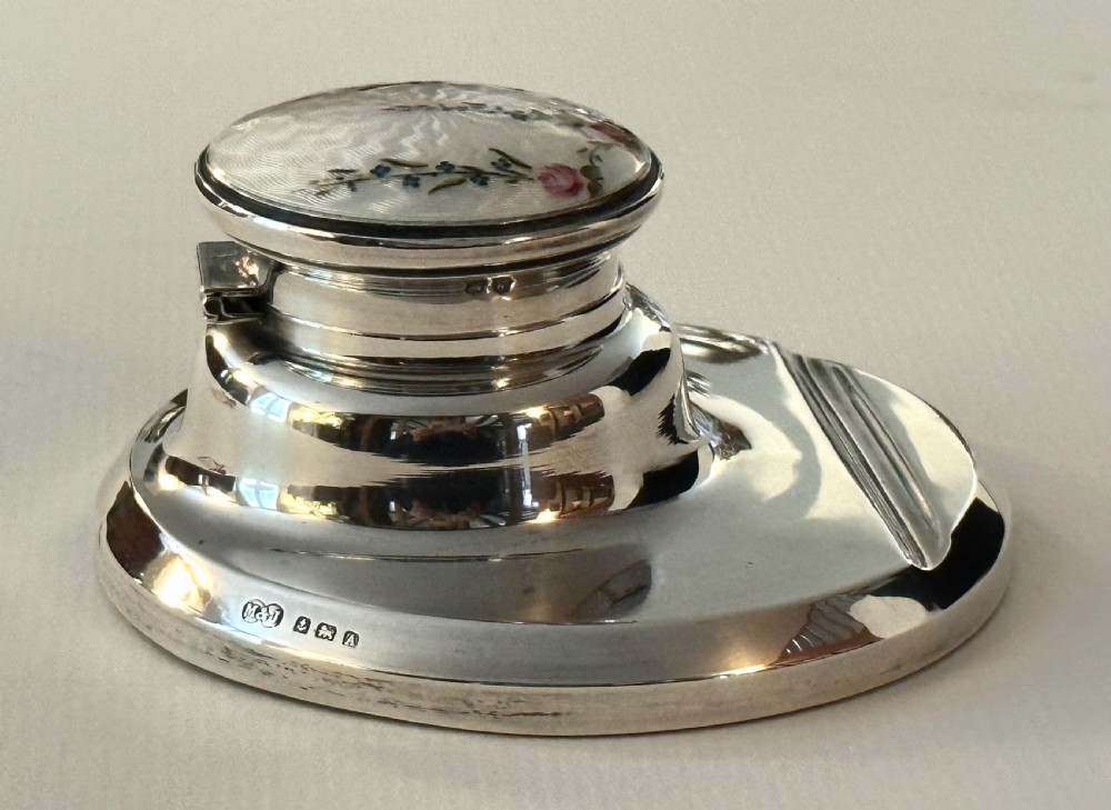 Antique Silver and Guilloche Enamel Inkwell View XIX