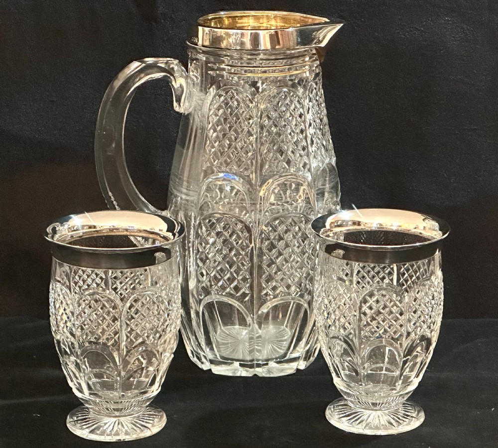 Cut Crystal and Silver Water Jug  with two Glasses 