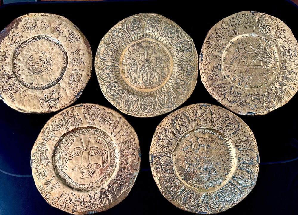 Set of Five Brass Indian Temple Plates