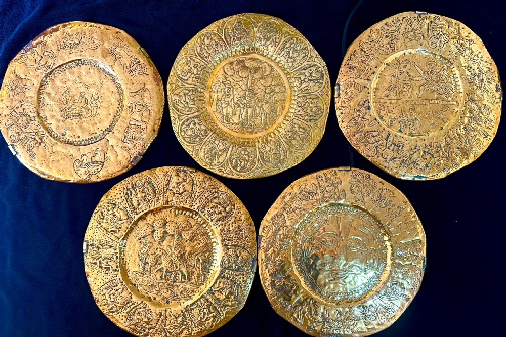 Set of Five Brass Indian Temple Plates View II