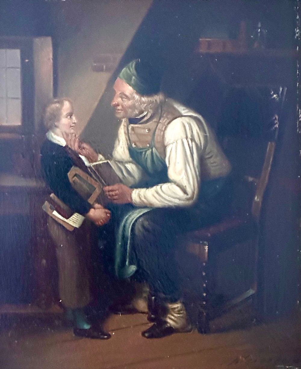A pair of framed 19th-century oil paintings on tin depicting domestic interior genre scenes, mounted within broad maple veneer frames with gilded inner slips. View IV