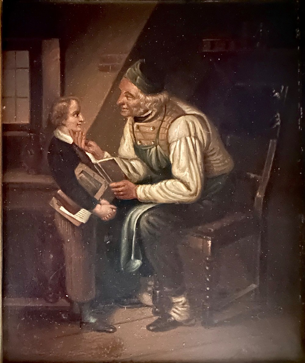 A pair of framed 19th-century oil paintings on tin depicting domestic interior genre scenes, mounted within broad maple veneer frames with gilded inner slips. View IX