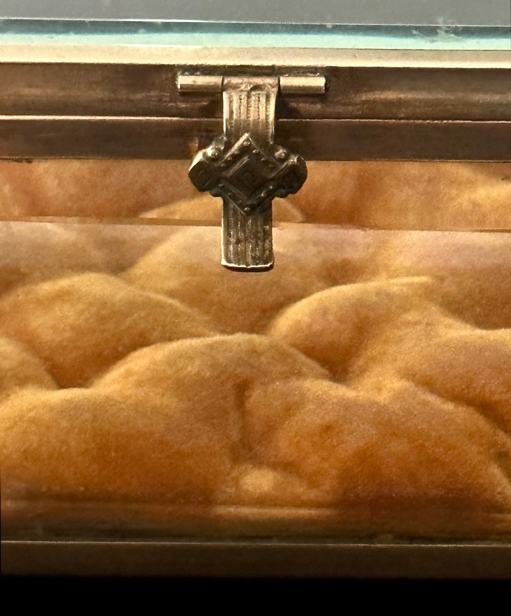 A rectangular French glass trinket box featuring a gilded ormolu frame, bevelled glass panels, decorative cast feet, and a tufted tan velvet cushion inside. View IV