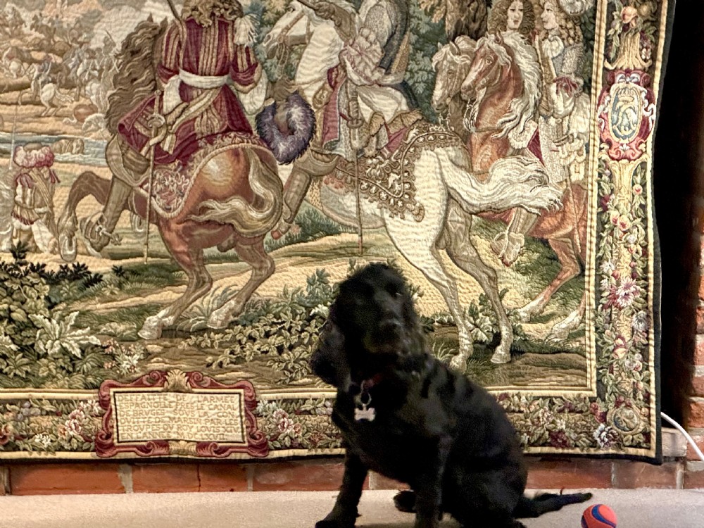 A large needlework wall tapestry featuring a French battle scene with cavalry figures enclosed by a detailed floral border and heraldic crest. View X