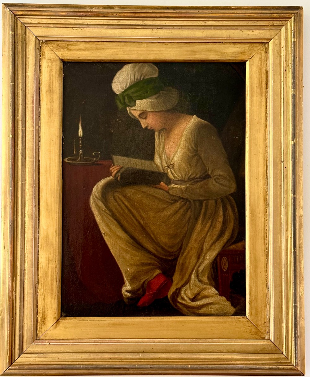 Naive Oil on Canvas of a young Woman Reading by Candlelight  