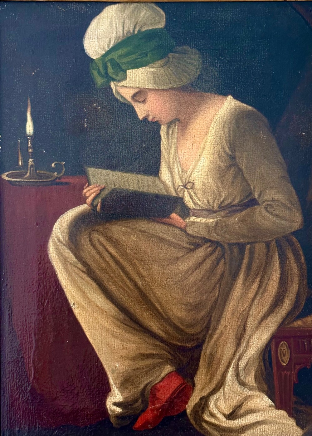 Naive Oil on Canvas of a young Woman Reading by Candlelight   View II