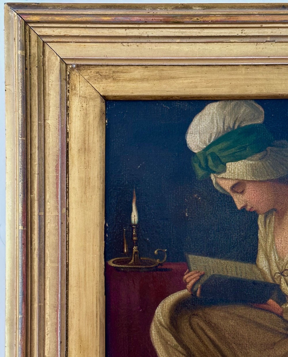 Naive Oil on Canvas of a young Woman Reading by Candlelight   View IV