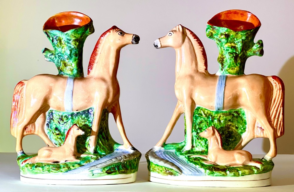Pair of Staffordshire Spill Vases with Horses and Foals