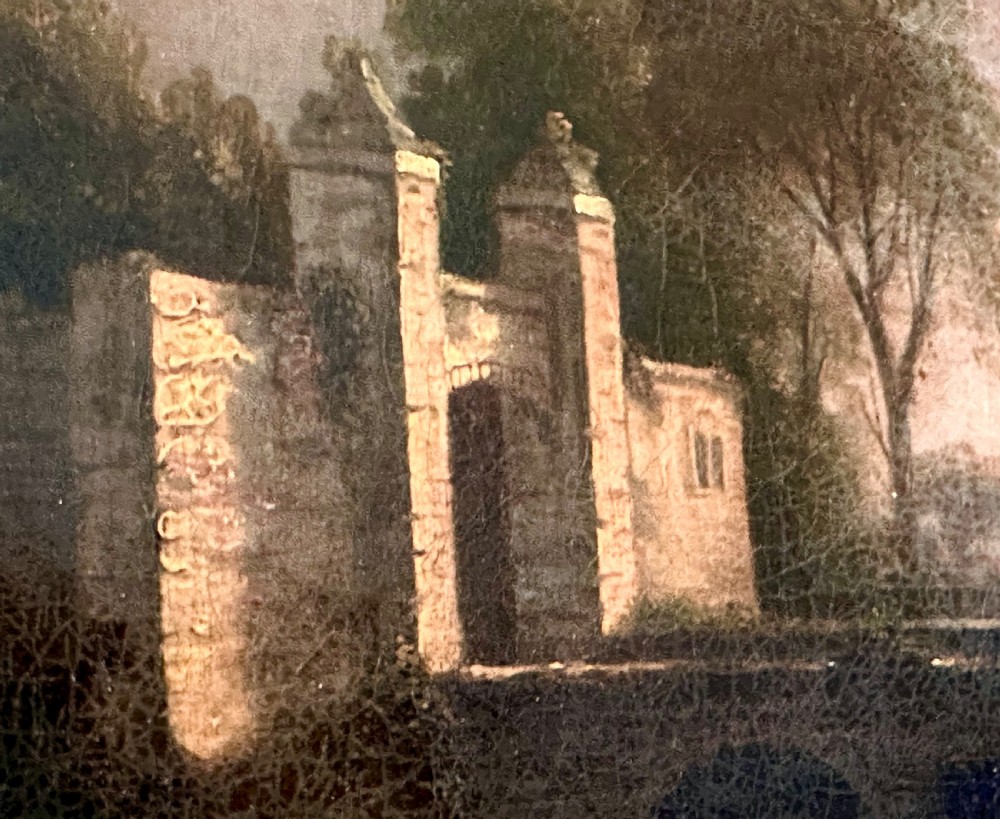 An 18th-century oil painting on canvas depicting a rural landscape with a stone gatehouse, a figure riding a donkey, and a warm sunset sky, set within an ornate carved gold gilt frame. View III
