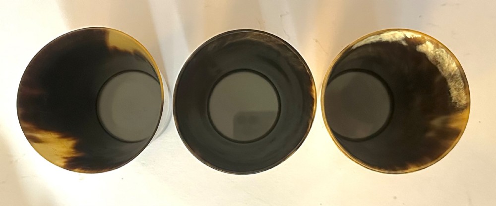 A set of three cylindrical antique drinking beakers made from polished natural horn with variegated cream, amber, and dark brown graining. View VI