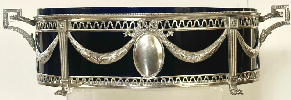 Solid Silver Jardiniere / Centre Piece with Original Blue Glass Liner View IV