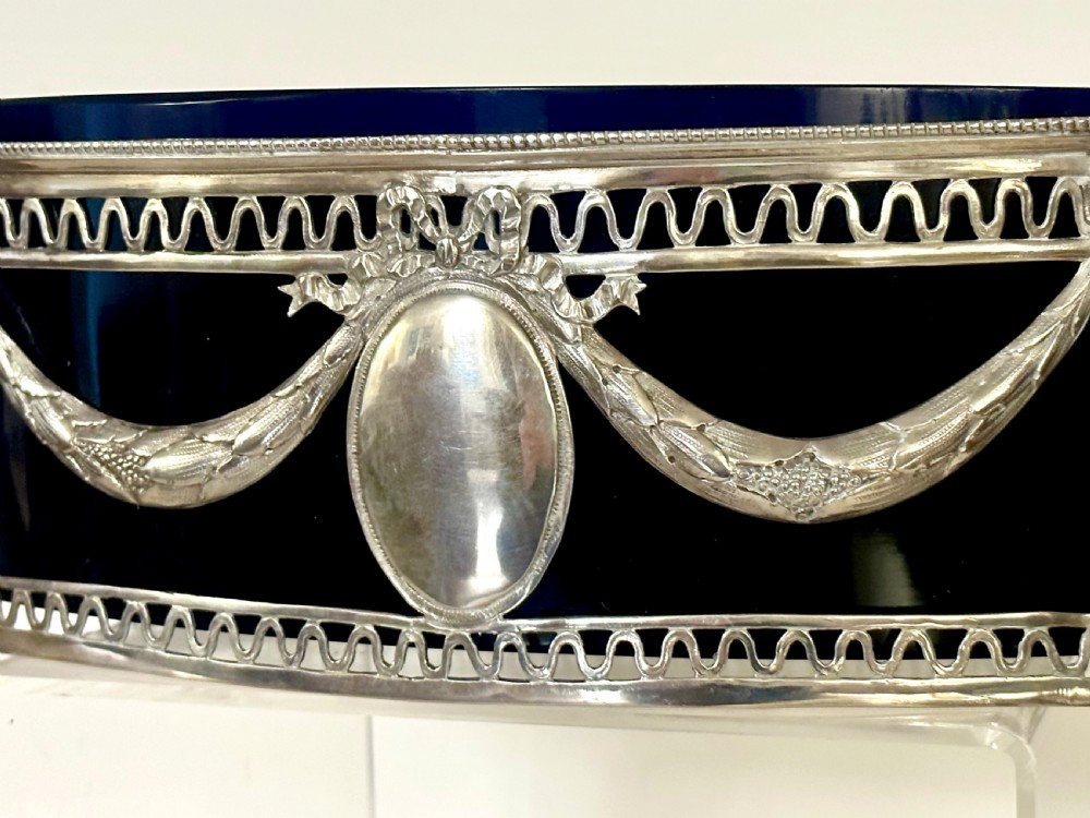 Solid Silver Jardiniere / Centre Piece with Original Blue Glass Liner View VII