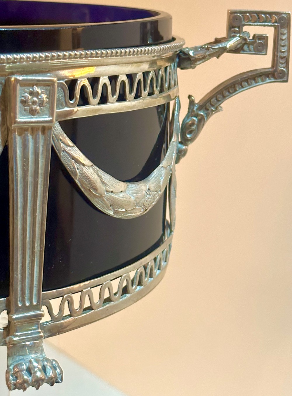 Solid Silver Jardiniere / Centre Piece with Original Blue Glass Liner View IX
