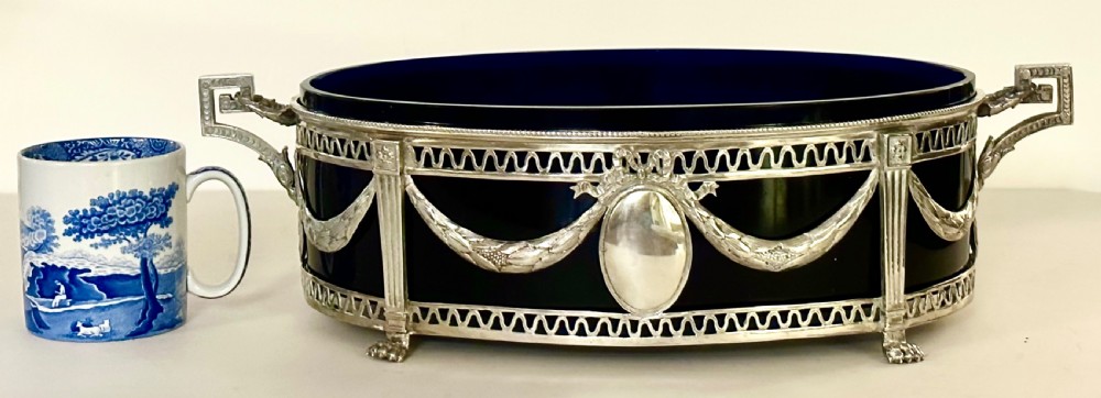 Solid Silver Jardiniere / Centre Piece with Original Blue Glass Liner View XII