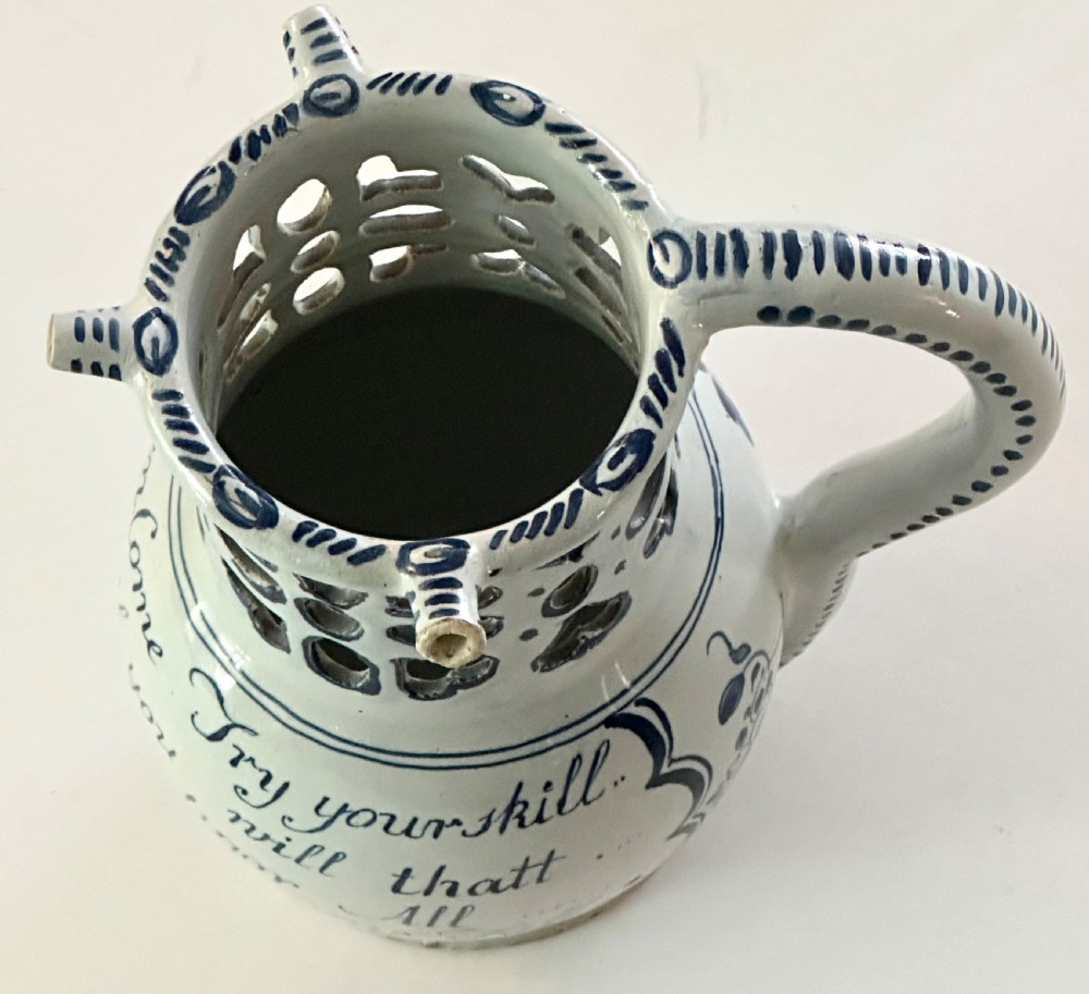  18th Century English Delftware Puzzle Jug. View III