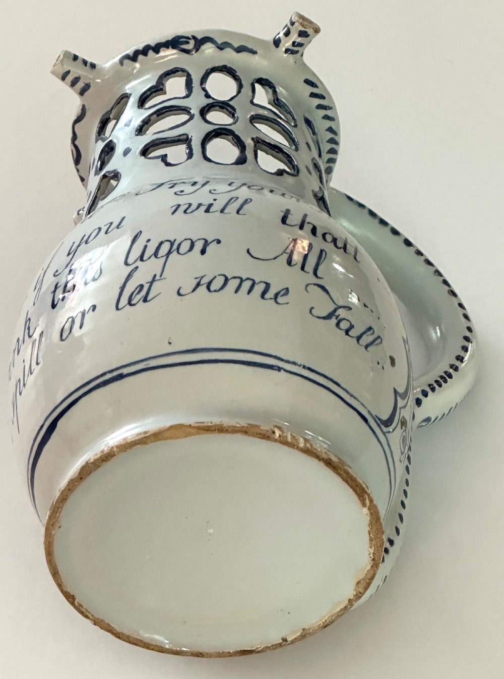  18th Century English Delftware Puzzle Jug. View VI