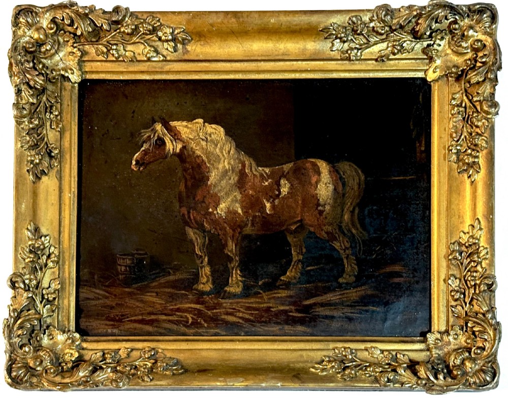 Naive Oil on Canvas depicting a Horse in a Stable
