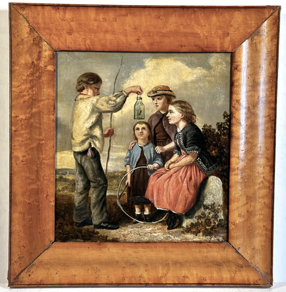 A 19th-century Victorian oil painting on panel depicting four children outdoors, framed in a wide burr maple timber frame. View II