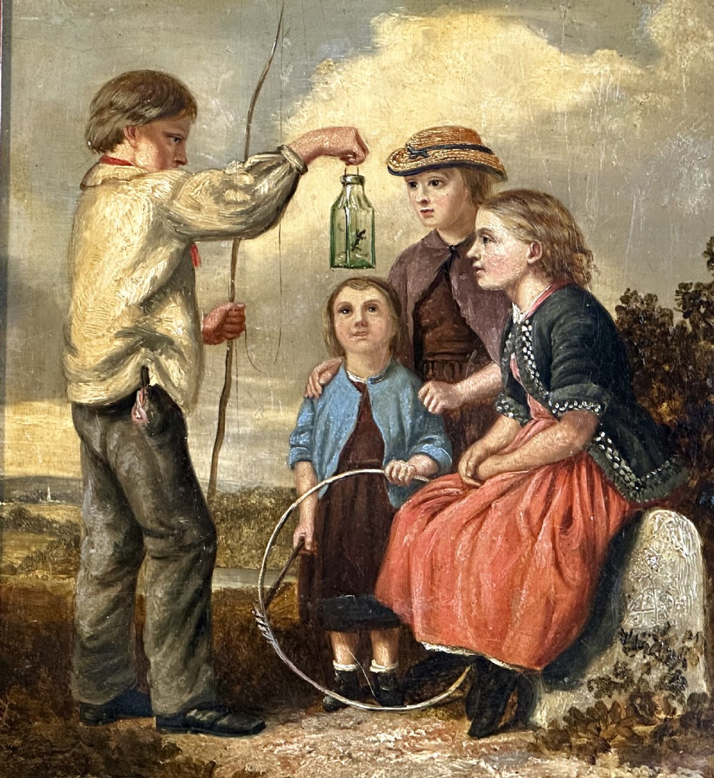 A 19th-century Victorian oil painting on panel depicting four children outdoors, framed in a wide burr maple timber frame. View III