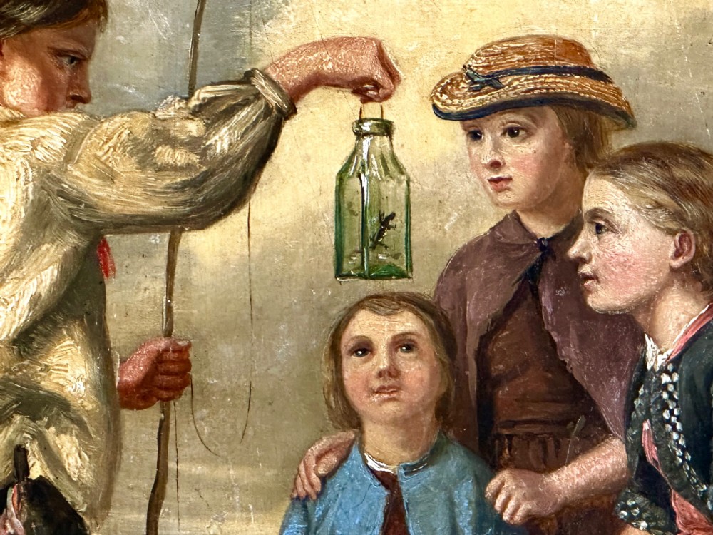 A 19th-century Victorian oil painting on panel depicting four children outdoors, framed in a wide burr maple timber frame. View IV