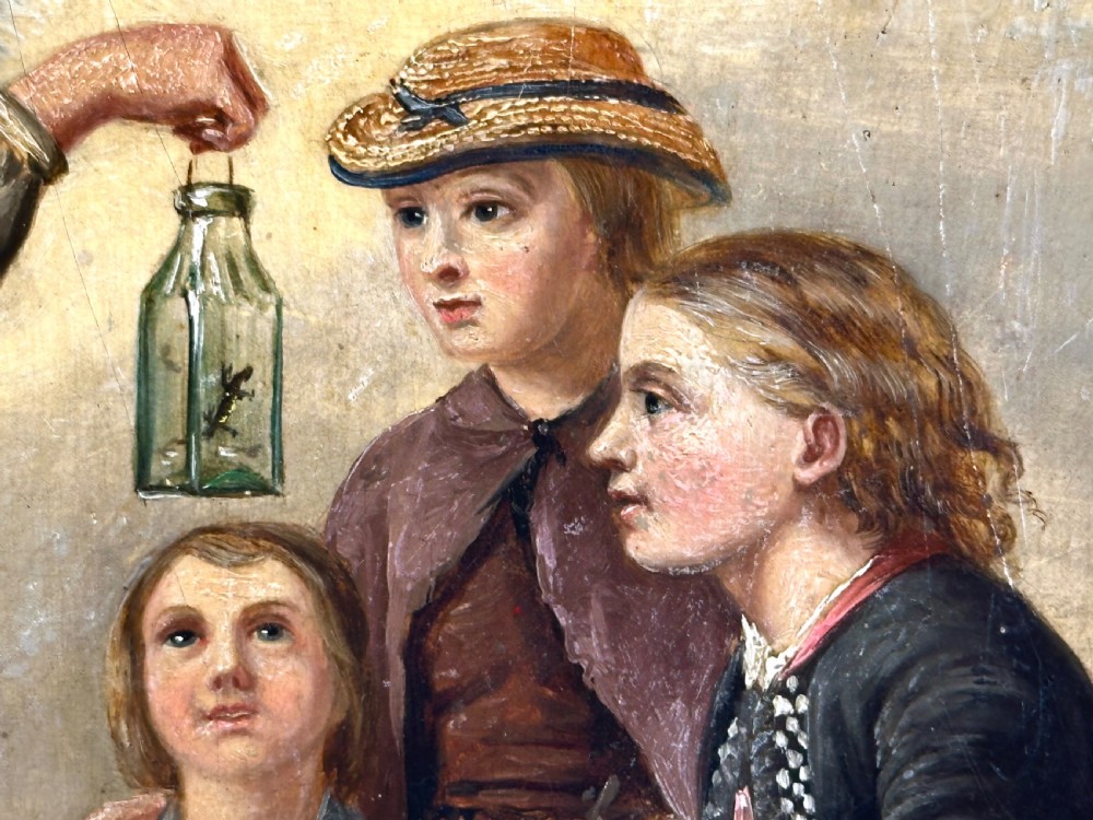 A 19th-century Victorian oil painting on panel depicting four children outdoors, framed in a wide burr maple timber frame. View VI