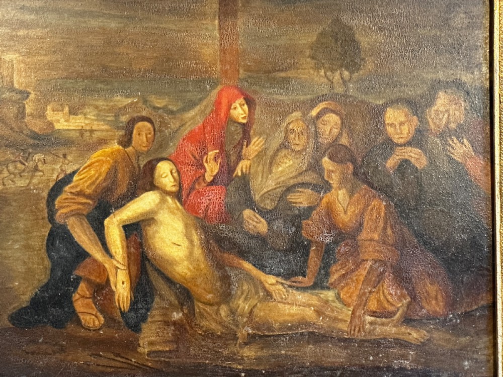 An eighteenth-century Italian oil painting on wood panel depicting the Lamentation of Christ, housed in an ornate carved and gilded frame. View III