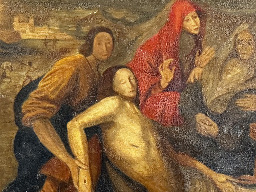 An eighteenth-century Italian oil painting on wood panel depicting the Lamentation of Christ, housed in an ornate carved and gilded frame. View IV