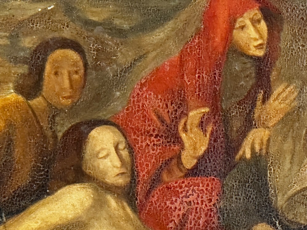 An eighteenth-century Italian oil painting on wood panel depicting the Lamentation of Christ, housed in an ornate carved and gilded frame. View VI