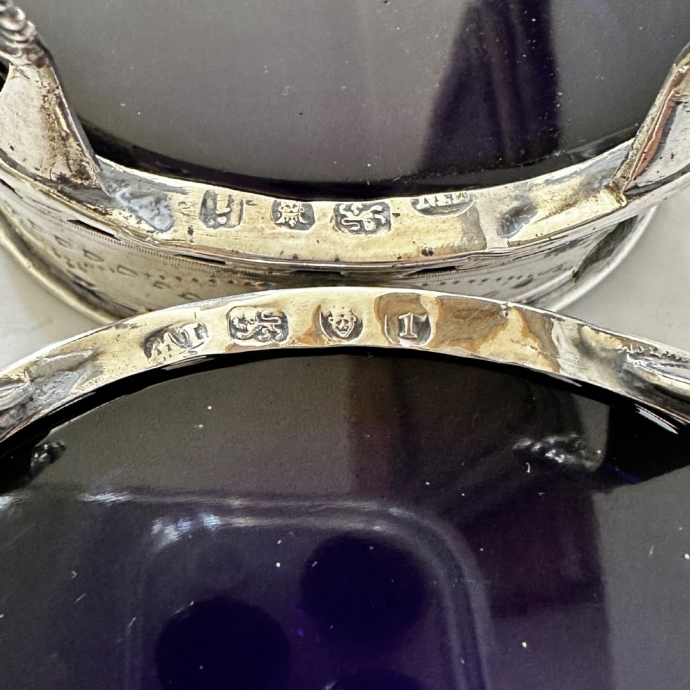 A pair of oval Georgian sterling silver open salt cellars with pierced swags, claw feet, and removable cobalt blue glass liners. View VII