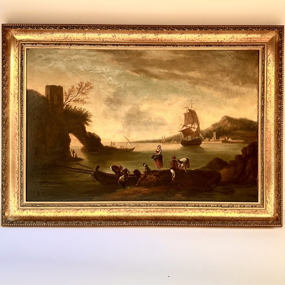 18th Century Dutch Oil on Canvas Depicting a Harbour Scene View IV