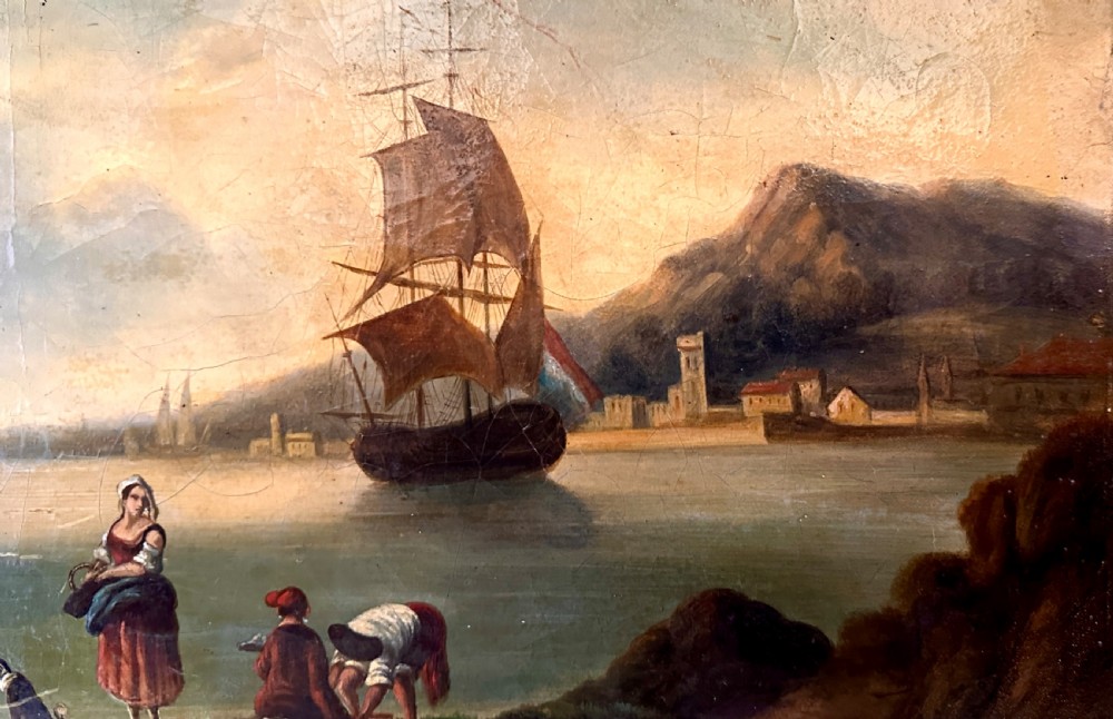 18th Century Dutch Oil on Canvas Depicting a Harbour Scene View VII
