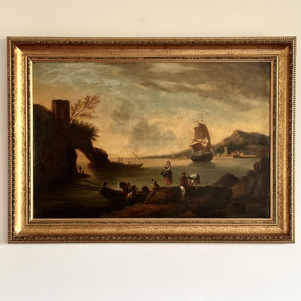 18th Century Dutch Oil on Canvas Depicting a Harbour Scene View XI