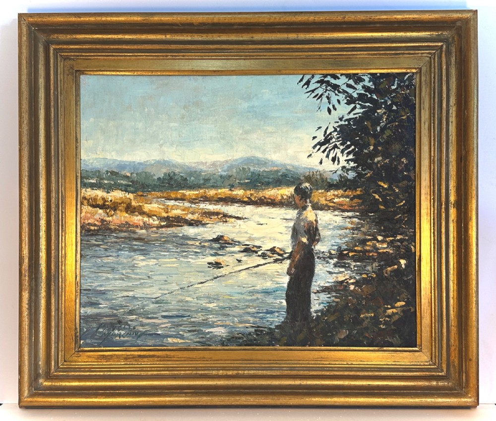 An impressionist oil painting on canvas depicting a figure fishing by a river, enclosed within a moulded gold frame.