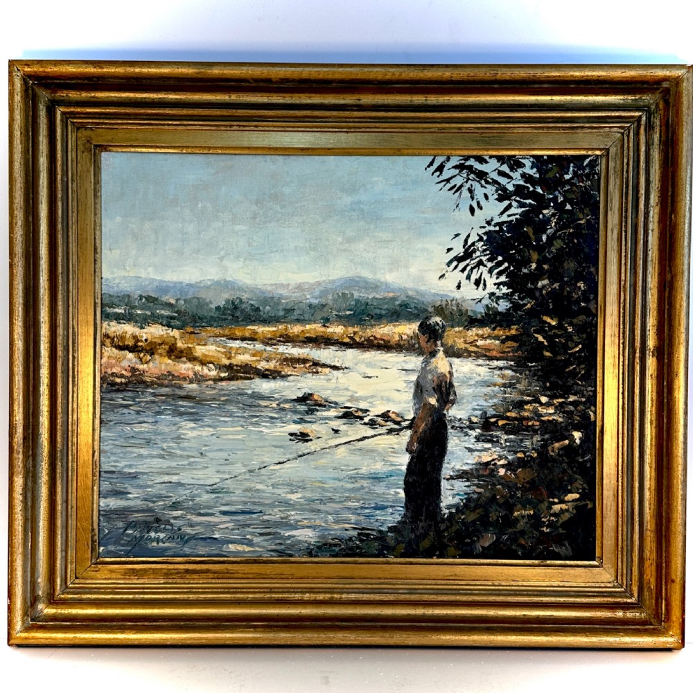 An impressionist oil painting on canvas depicting a figure fishing by a river, enclosed within a moulded gold frame. View II