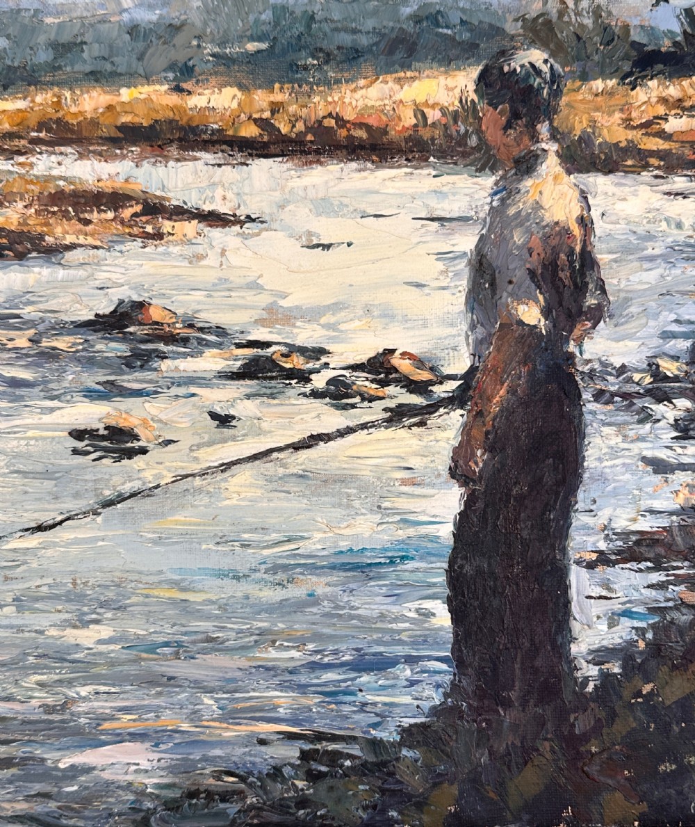 An impressionist oil painting on canvas depicting a figure fishing by a river, enclosed within a moulded gold frame. View IV