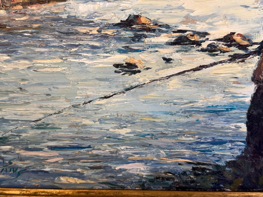 An impressionist oil painting on canvas depicting a figure fishing by a river, enclosed within a moulded gold frame. View V